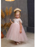 Feather Sleeve Blush Satin Tulle V Back Flower Girl Dress Feather Sleeve Blush Satin Tulle V Back Flower Girl Dress